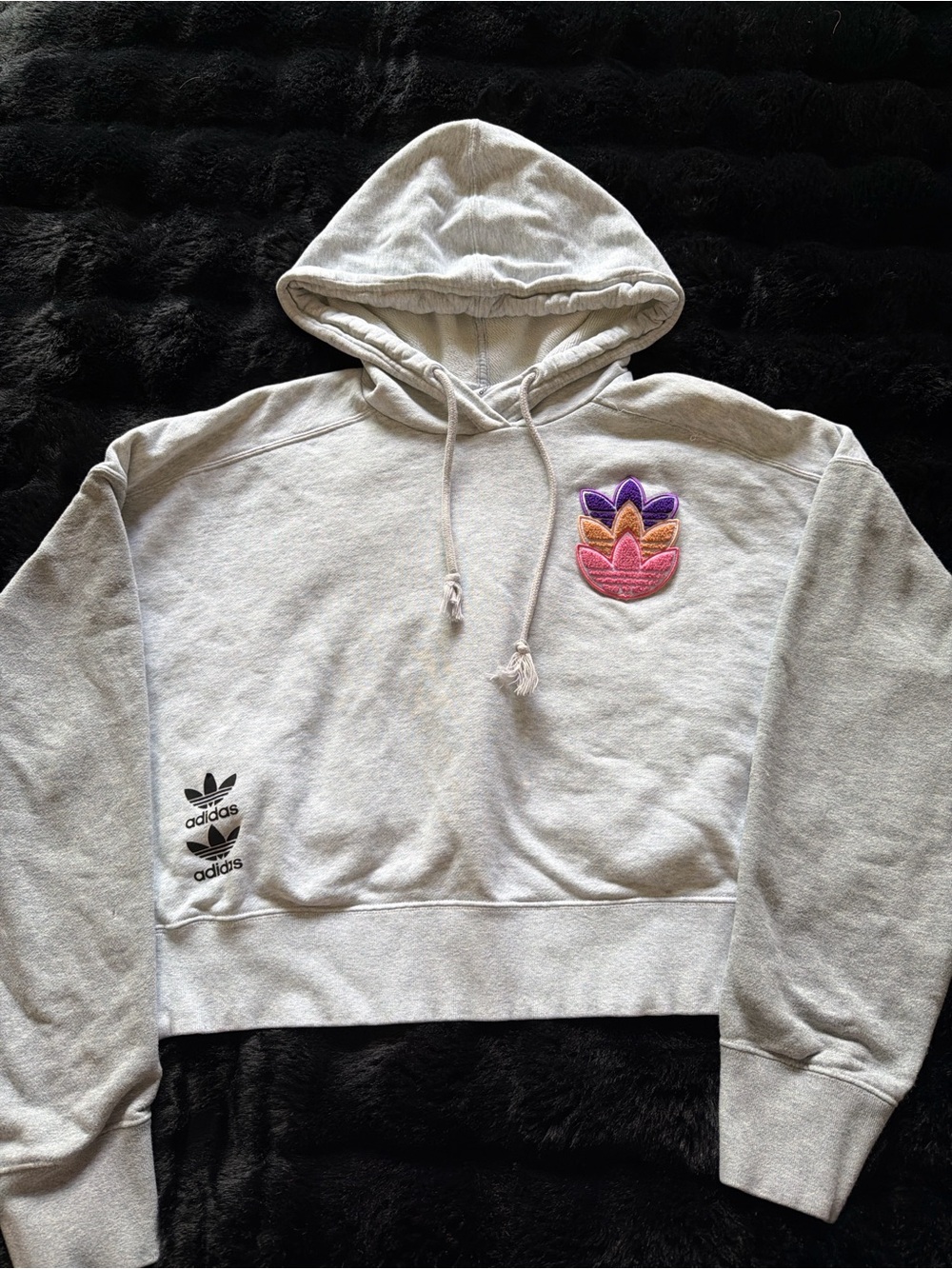 adidas Light Gray Cropped Hoodie with Purple, Gold and Pink Trefoil Patch